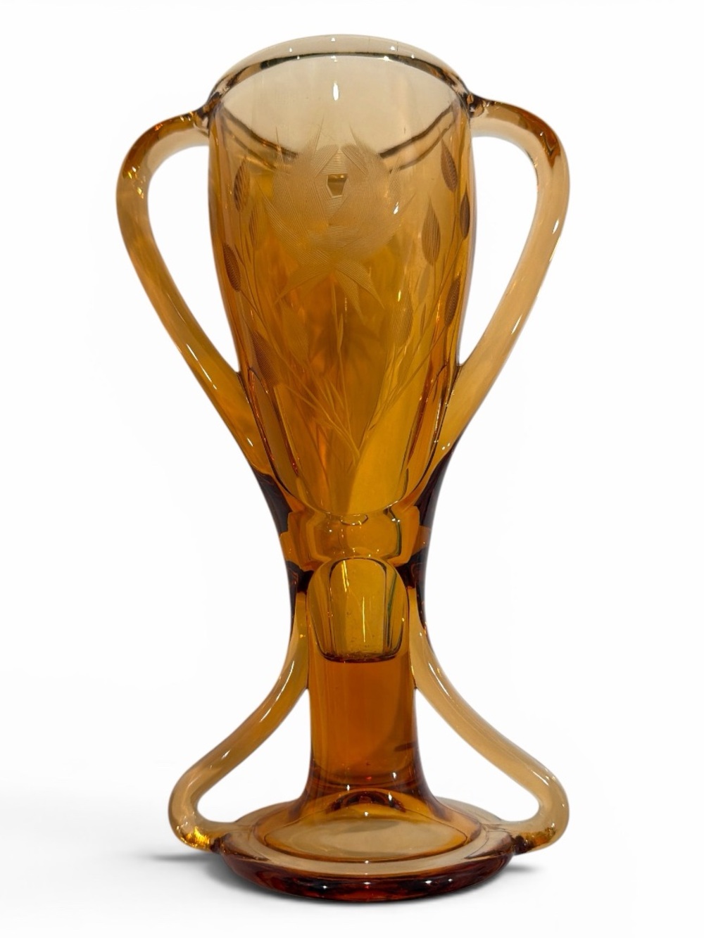 Vintage Fostoria Tut Amber Glass Vase With Etched Roses Floral Trophy Vase